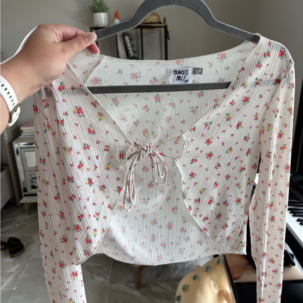 Princess Polly White and Pink Tie Front Ribbed Blouse - Picture 2 of 4